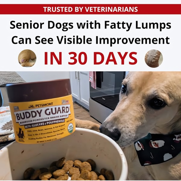 A split-screen educational ad showing a mushroom powder supplement next to a senior dog, focusing on a clear 30-day improvement timeframe.